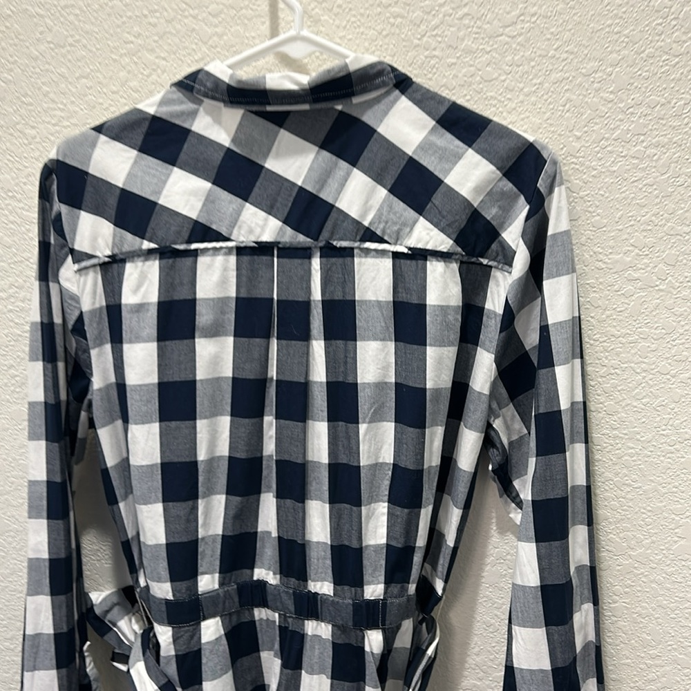 J. Crew Navy and White Buffalo Check Long Sleeve Shirt Dress with Waist Tie - Picture 8 of 8